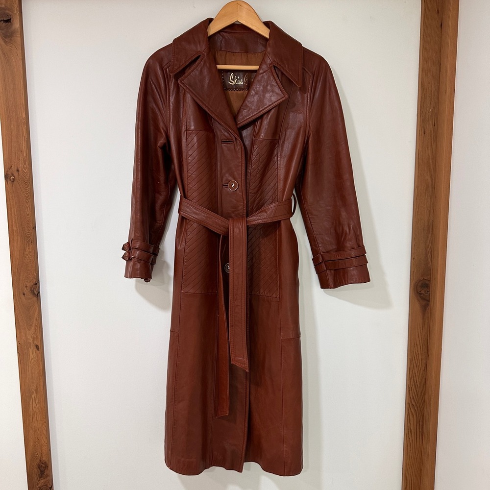 Skin Gear Vintage Leather Trench Coat Womens Size S Brown Quilted Detail Belted